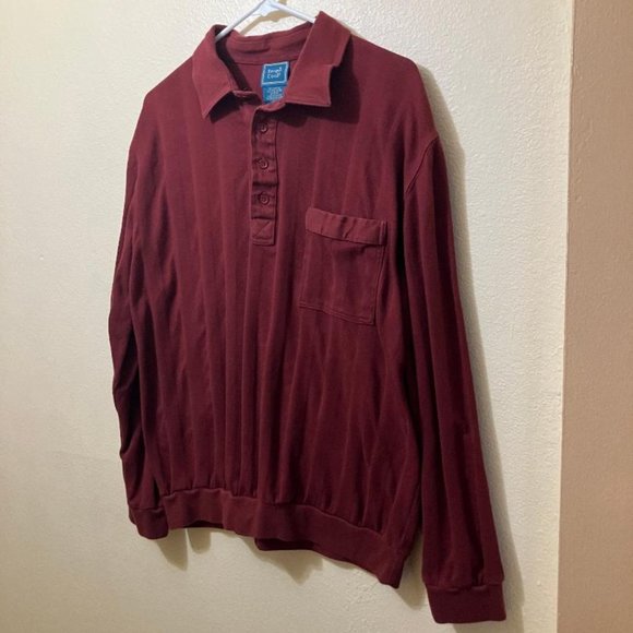 Vintage Tropi-Cool Men's Burgundy Striped Long Sleeve Golf Polo Shirt Size Large - Picture 1 of 3